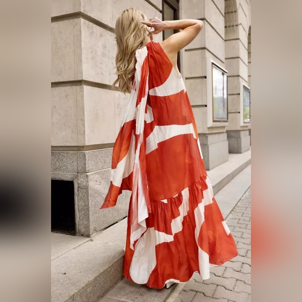 H&M Voluminous maxi dress back tie red/orange/white watermarks. Nwt